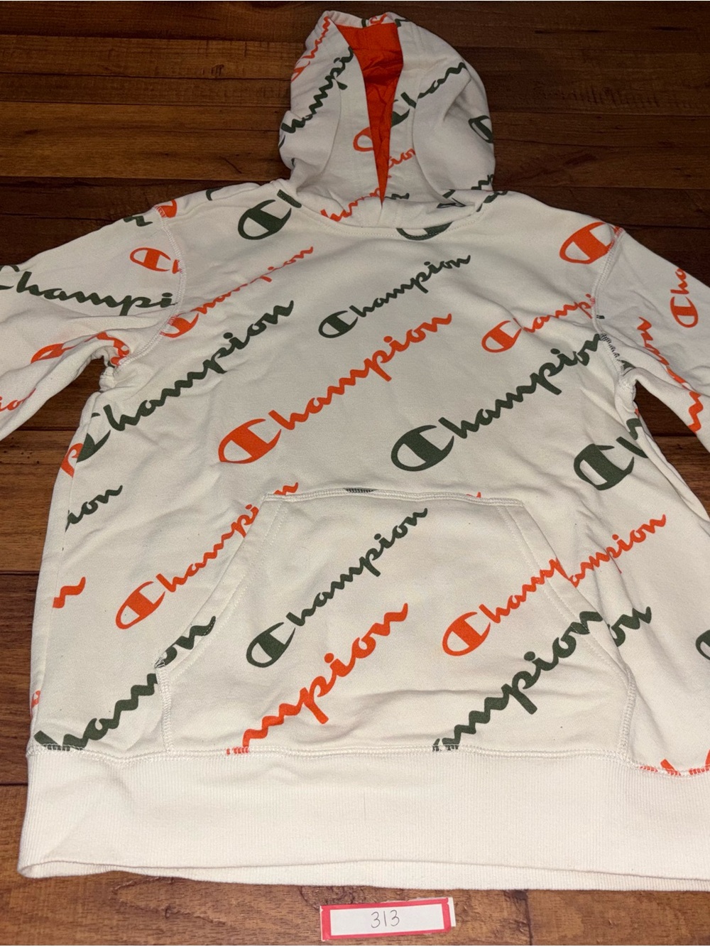 Champion Boys All-Over Print Logo Pullover Hoodie Cream Orange Size L (12/14)